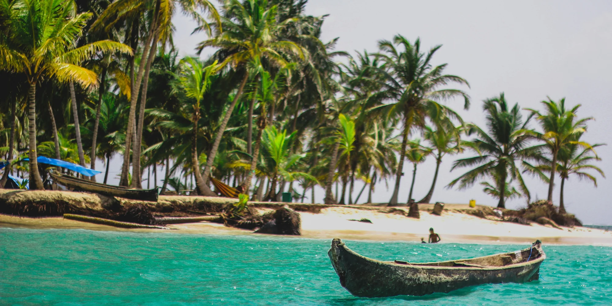 Mergulho com Tubarões no Panamá – Praia com Palmeiras e Canoa