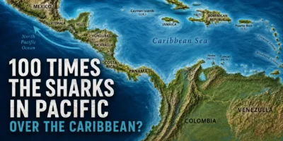 Mapa da América Central que pergunta se o Pacífico tem 100 vezes mais tubarões do que as Caraíbas