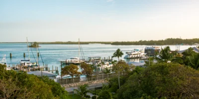 Pequeno porto em Bimini com veleiros, barcos a motor, costa e mar