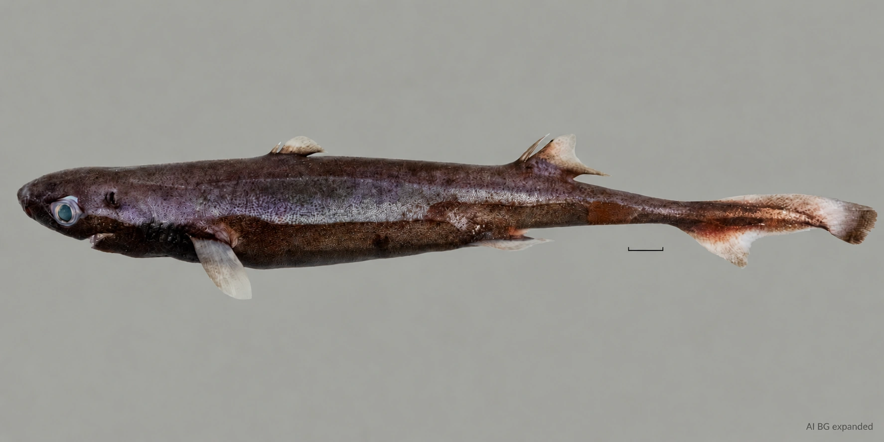 Fêmea fresca de Etmopterus bulbosus com focinho arredondado, duas nadadeiras dorsais e barra de escala; fundo ampliado com IA