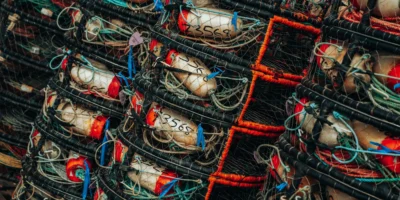Artes de pesca empilhadas com redes, cabos e flutuadores