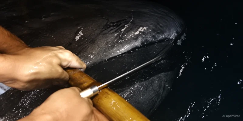 Mãos com uma faca perto da boca de um tubarão-boca-grande; fotograma melhorado com IA