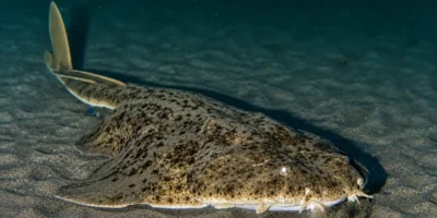 Peixe-anjo Squatina squatina deitado na areia
