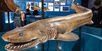 Tubarão-cobra em exposição no Australian Museum, com a boca aberta e fendas branquiais visíveis