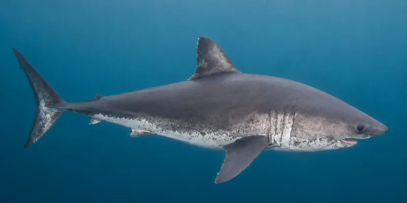 Tubarão-salmão Lamna ditropis nadando em água azul