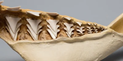 Dentes triangulares serrilhados numa mandíbula preservada de tubarão-branco
